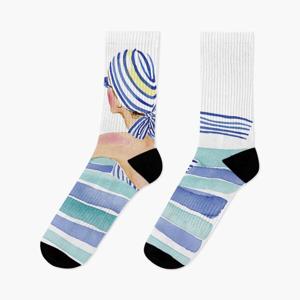 Item preview, Blue Striped Swimmer Watercolor | Coastal Beach Fashion Illustration designed and sold by Ramona-Gliga.