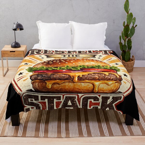 Aperçu de l'œuvre Respect The Stack : Design typographique rétro vintage de cheeseburger à badge créée et vendue par irfanshikh.
