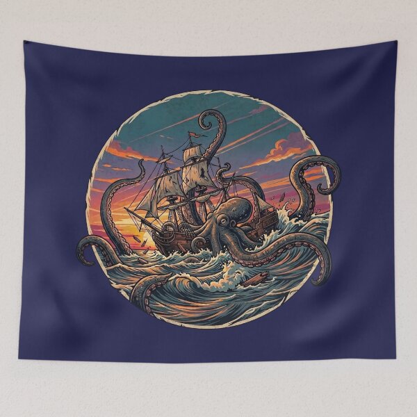 Item preview, Kraken Attacking Pirate Ship Nautical Fantasy Illustration designed and sold by artscripts.