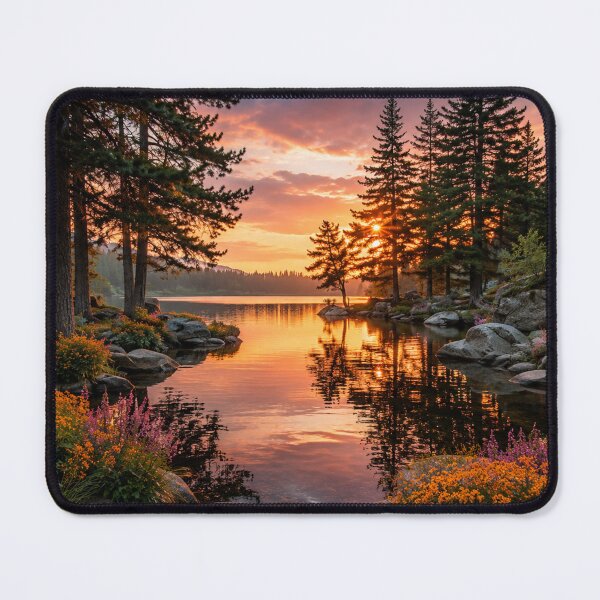 Item preview, Peaceful Forest Lake at Sunset – Serene Pine Landscape with Wildflowers designed and sold by Wild Bloom Paws.