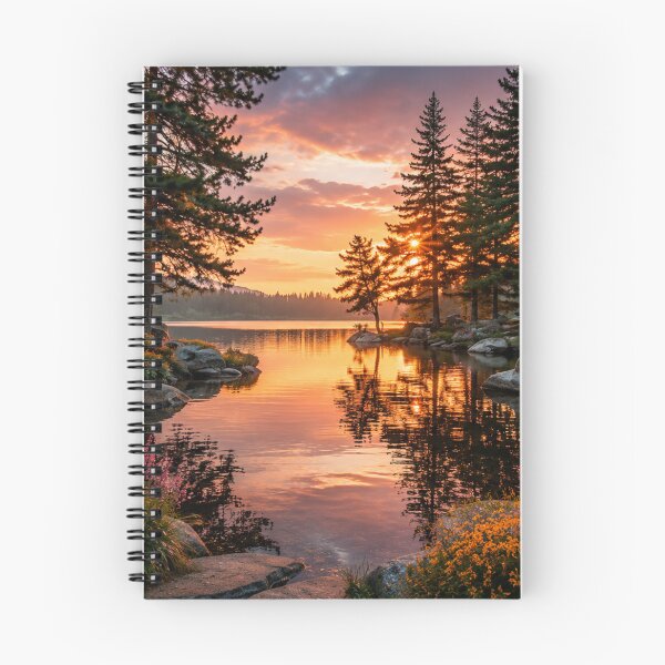 Item preview, Peaceful Forest Lake at Sunset – Serene Pine Landscape with Wildflowers designed and sold by Wild Bloom Paws.