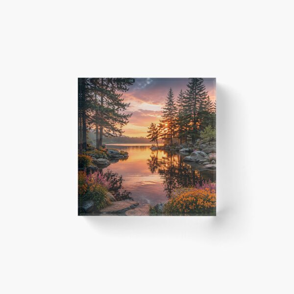 Item preview, Peaceful Forest Lake at Sunset – Serene Pine Landscape with Wildflowers designed and sold by Wild Bloom Paws.