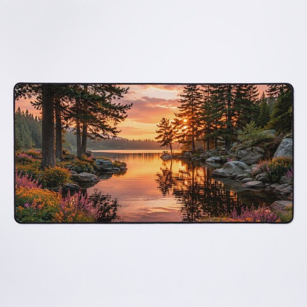 Item preview, Peaceful Forest Lake at Sunset – Serene Pine Landscape with Wildflowers designed and sold by Wild Bloom Paws.
