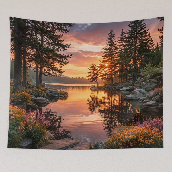 Item preview, Peaceful Forest Lake at Sunset – Serene Pine Landscape with Wildflowers designed and sold by Wild Bloom Paws.