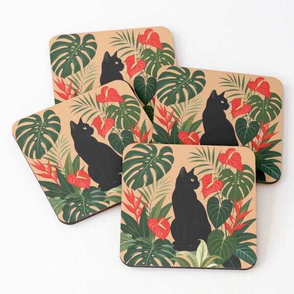 Item preview, Black Cat Silhouette Tropical Plants Monstera Anthurium designed and sold by Natalia-Vlad.
