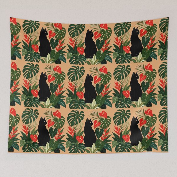 Item preview, Black Cat Silhouette Tropical Plants Monstera Anthurium designed and sold by Natalia-Vlad.