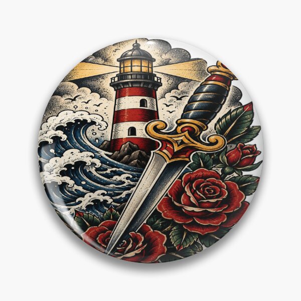 Item preview, Vintage Lighthouse Dagger Roses Tattoo Artwork designed and sold by StickersHul.