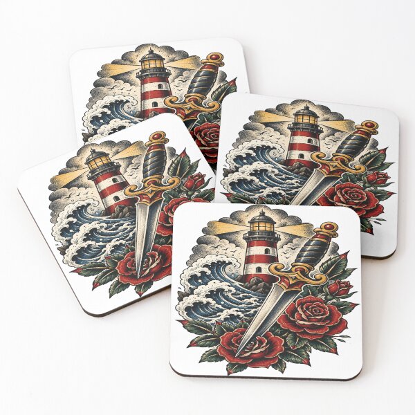 Item preview, Vintage Lighthouse Dagger Roses Tattoo Artwork designed and sold by StickersHul.