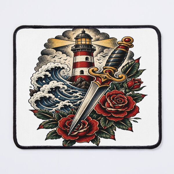 Item preview, Vintage Lighthouse Dagger Roses Tattoo Artwork designed and sold by StickersHul.