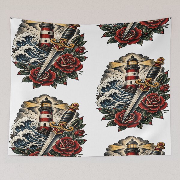 Item preview, Vintage Lighthouse Dagger Roses Tattoo Artwork designed and sold by StickersHul.