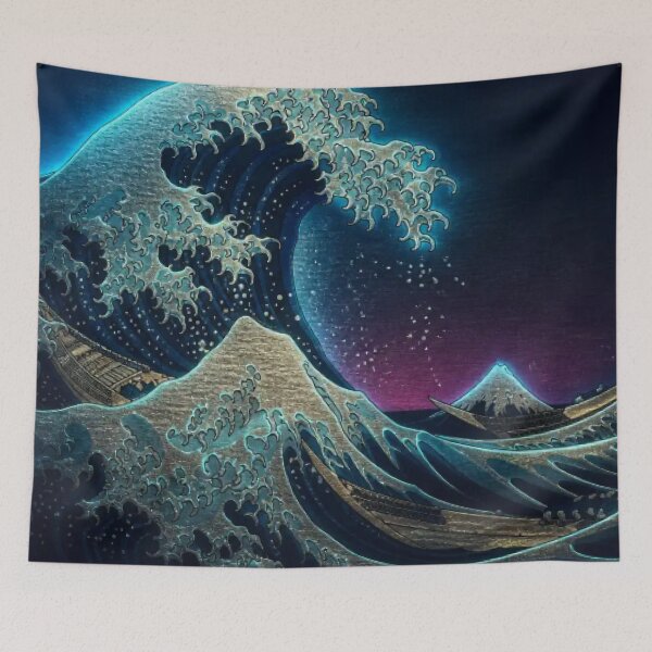 Item preview, Golden Great Wave | Luxury Neon Ukiyo-e Re:Mix | Japanese Art | Hokusai Metal Poster designed and sold by vekotpu.