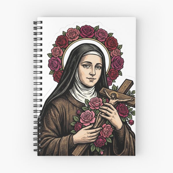 Item preview, St Therese of Lisieux Vintage Woodcut Rose Halo Catholic designed and sold by raedattia.