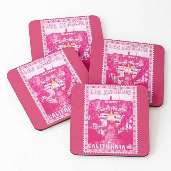 Item preview, Los Angeles Pink Vintage Postage Stamp California | Retro Hollywood skyline | City of Angels souvenir designed and sold by Youngkev-arts.