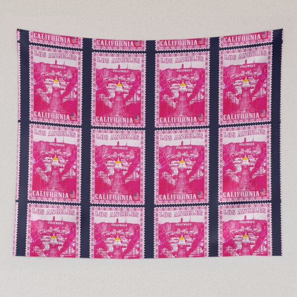 Item preview, Los Angeles Pink Vintage Postage Stamp California | Retro Hollywood skyline | City of Angels souvenir designed and sold by Youngkev-arts.