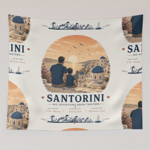 Aperçu de l'œuvre Santorini Father Son Duo Big Adventures Begin Together créée et vendue par BagFactoryUK.