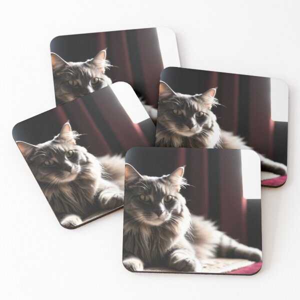 Aperçu de l'œuvre Animals - Gray and White Cat, Theatrical Portrait on Burgundy Velvet créée et vendue par World-Pets.