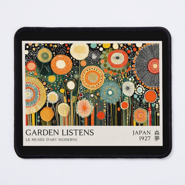 Aperçu de l'œuvre Affiche d'art moderne japonais « Le jardin écoute », imprimé de fleurs circulaires colorées, décoration murale du Musée d'Art Moderne du Japon de 1927 créée et vendue par MorningJoco.
