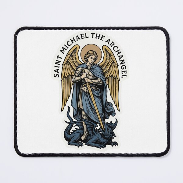 Item preview, St Michael the Archangel Defeating Dragon Catholic Woodcut designed and sold by raedattia.