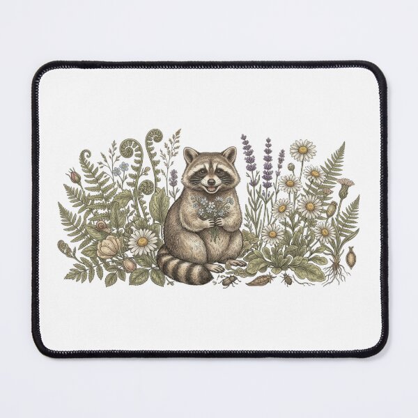 Item preview, Vintage Woodland Raccoon Holding Wildflowers Floral Illustration designed and sold by abdelski.