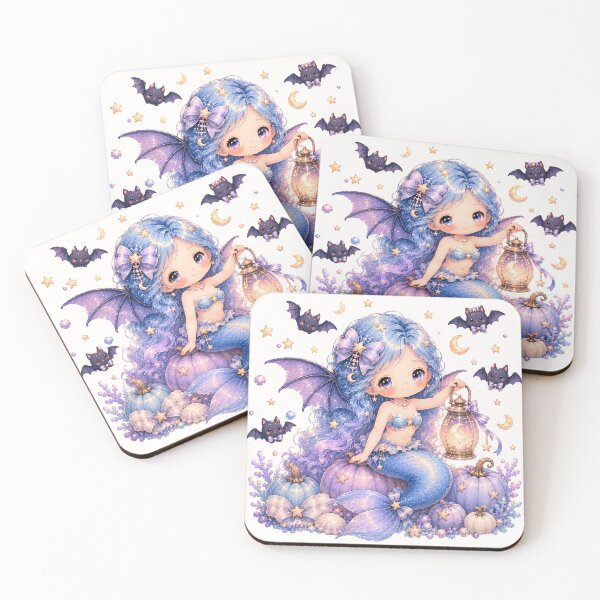 Item preview, Pastel Bat Wing Mermaid with Moon Lantern | Cute Halloween Fantasy Art designed and sold by looplandger.
