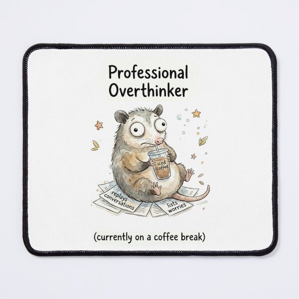 Item preview, Funny Opossum Professional Overthinker Coffee Meme Sticker designed and sold by DreamyBrushArt.