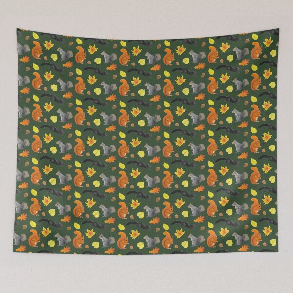 Item preview, Cute squirrels in a forest pattern: red, black, and gray on a green background designed and sold by alinabeska.