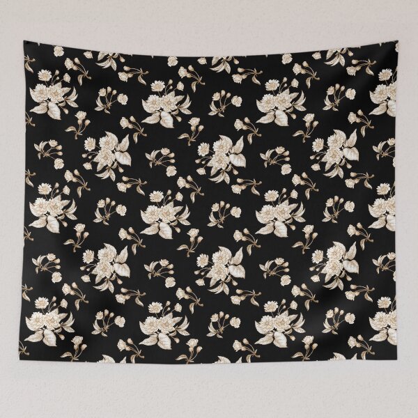 Item preview, Elegant Noir Botanica — Black Background with White & Gold Floral Seamless Pattern designed and sold by SugarCore.