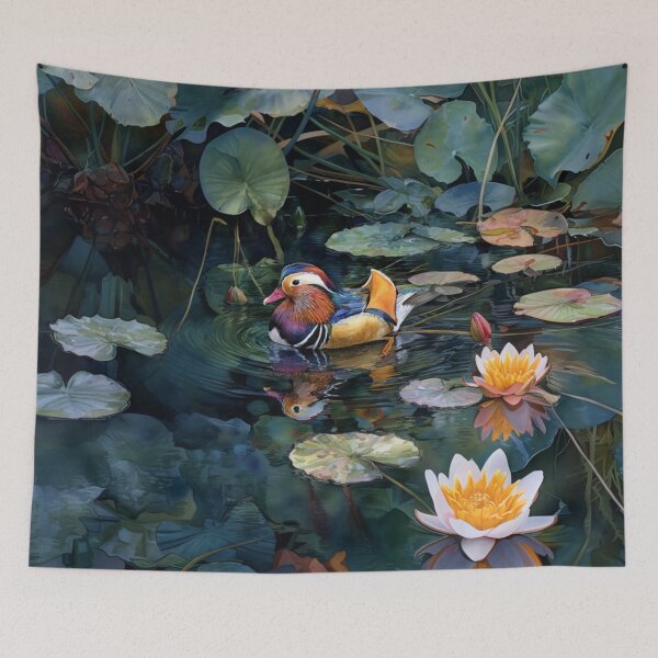 Item preview, A Mandarin Duck gliding across a lily pond, Birds in Motion designed and sold by CDC40.