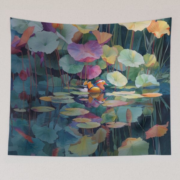 Item preview, A Mandarin Duck gliding across a lily pond, Birds in Motion designed and sold by CDC40.