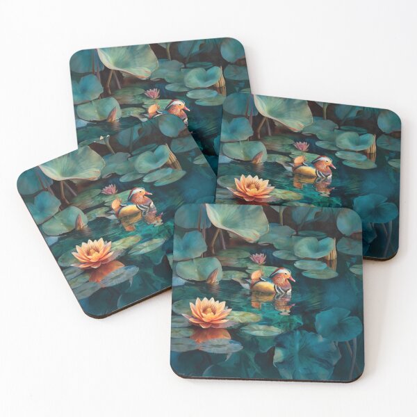 Item preview, A Mandarin Duck gliding across a lily pond, Birds in Motion designed and sold by CDC40.