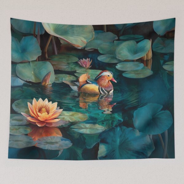 Item preview, A Mandarin Duck gliding across a lily pond, Birds in Motion designed and sold by CDC40.