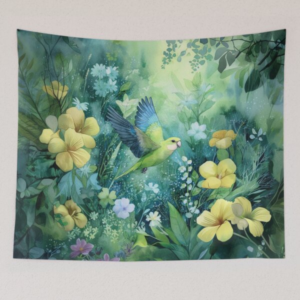 Item preview, A Parrotlet flying through a spring garden, Birds in Motion designed and sold by CDC40.