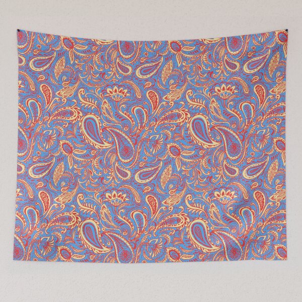 Item preview, Pink and yellow paisley pattern on blue designed and sold by bokasin.
