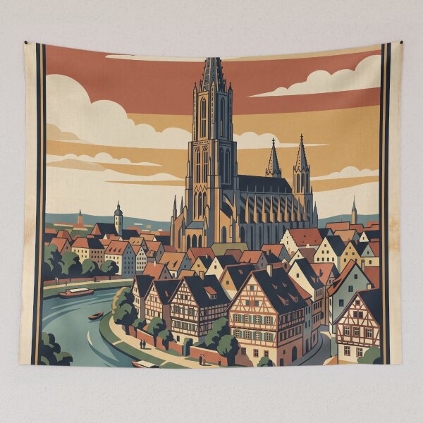 Aperçu de l'œuvre Affiche de voyage vintage d'Ulm, Allemagne – Art du Danube et de la cathédrale d'Ulm créée et vendue par Bomax121.