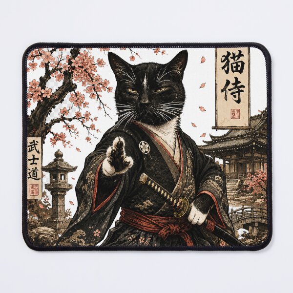 Item preview, Neko Samurai – Black Cat Warrior of the Sakura Garden designed and sold by kaeswustudio.