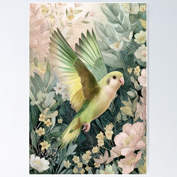 Item preview, A Parrotlet flying through a spring garden, Birds in Motion designed and sold by CDC40.