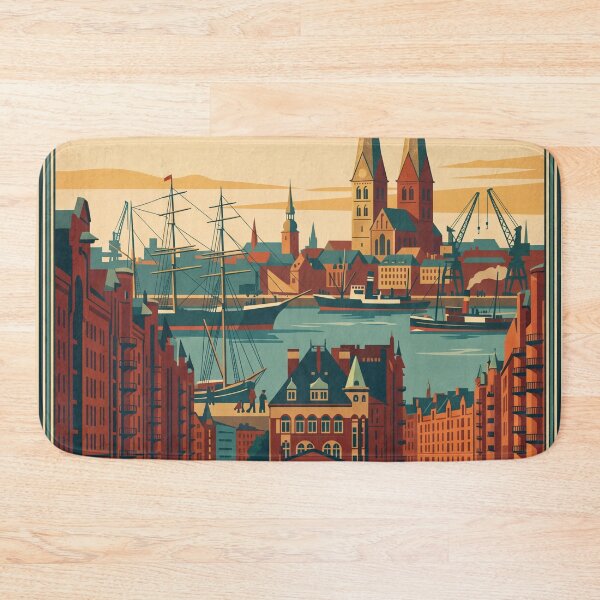 Item preview, Póster de viaje vintage de Hamburgo, Alemania: Speicherstadt y arte de la iglesia de San Miguel designed and sold by Bomax121.