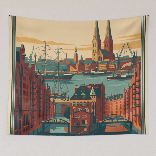 Item preview, Hamburg Germany Vintage Travel Poster – Speicherstadt & St. Michael's Church Art designed and sold by Bomax121.