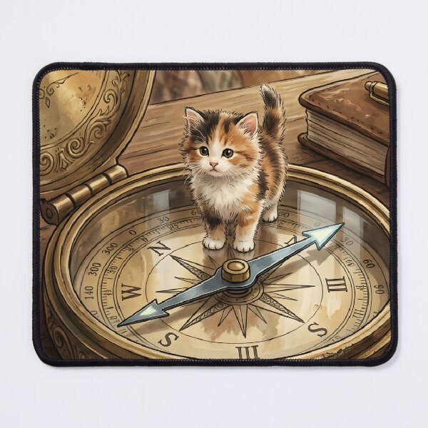 Item preview, Tiny Kitten on a Giant Vintage Pocket Compass Miniature Illustration designed and sold by DuckOddity.