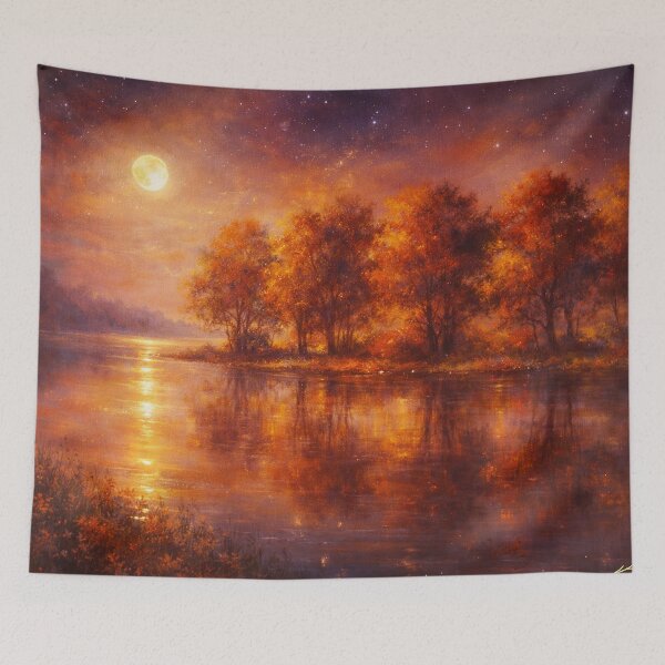 Item preview, Moody Autumn Moonlit River - Orange and Purple Landscape Painting designed and sold by Joey Santiago.