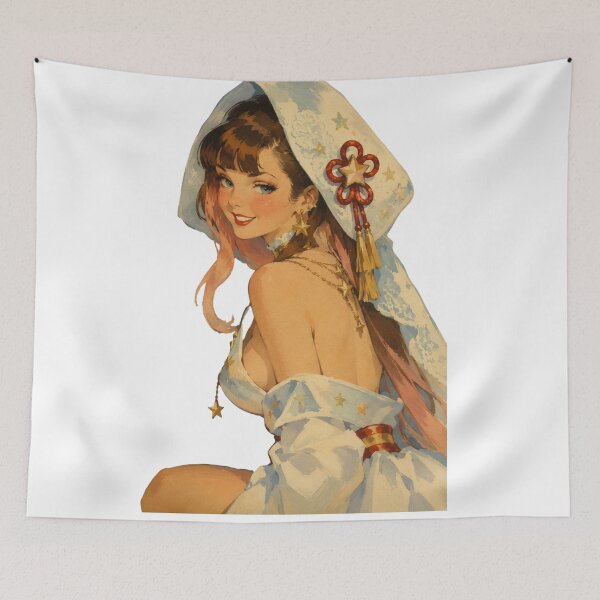 Item preview, Celestial Shrine Maiden Pin-Up | Original Fantasy Vintage Illustration designed and sold by Cosplayvintage.
