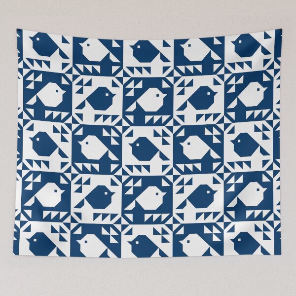 Item preview, Sparrows Cheater Quilt Navy Blue Block Print  designed and sold by Pinkdeer Designs.