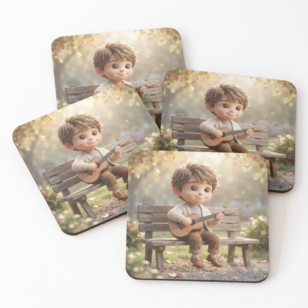 Item preview, Little Boy Playing Guitar On Wooden Bench designed and sold by Azurart2.