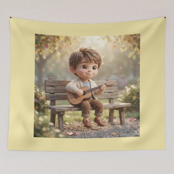 Item preview, Little Boy Playing Guitar On Wooden Bench designed and sold by Azurart2.