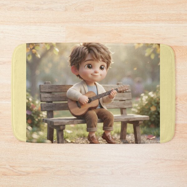 Item preview, Little Boy Playing Guitar On Wooden Bench designed and sold by Azurart2.