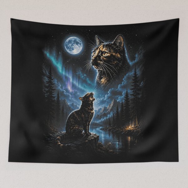 Item preview, Moon Cat Aurora Borealis Night Sky Mystical Feline Nature designed and sold by LittleNhutton.