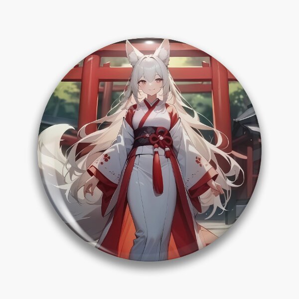 Item preview, Beautiful Kitsune Anime Girl Shrine Maiden White Hair designed and sold by Myanimegirlshop.