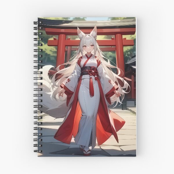 Item preview, Beautiful Kitsune Anime Girl Shrine Maiden White Hair designed and sold by Myanimegirlshop.