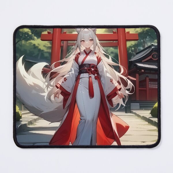 Item preview, Beautiful Kitsune Anime Girl Shrine Maiden White Hair designed and sold by Myanimegirlshop.