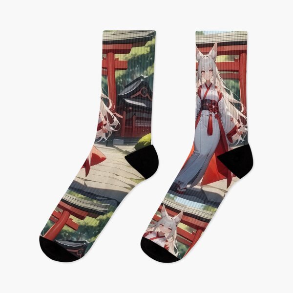 Item preview, Beautiful Kitsune Anime Girl Shrine Maiden White Hair designed and sold by Myanimegirlshop.